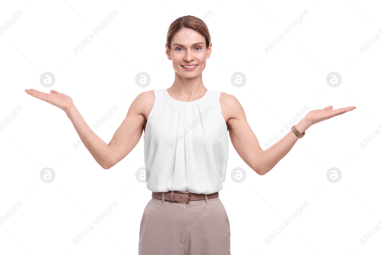 Photo of Beautiful happy businesswoman posing on white background