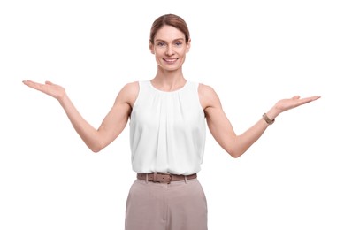 Beautiful happy businesswoman posing on white background