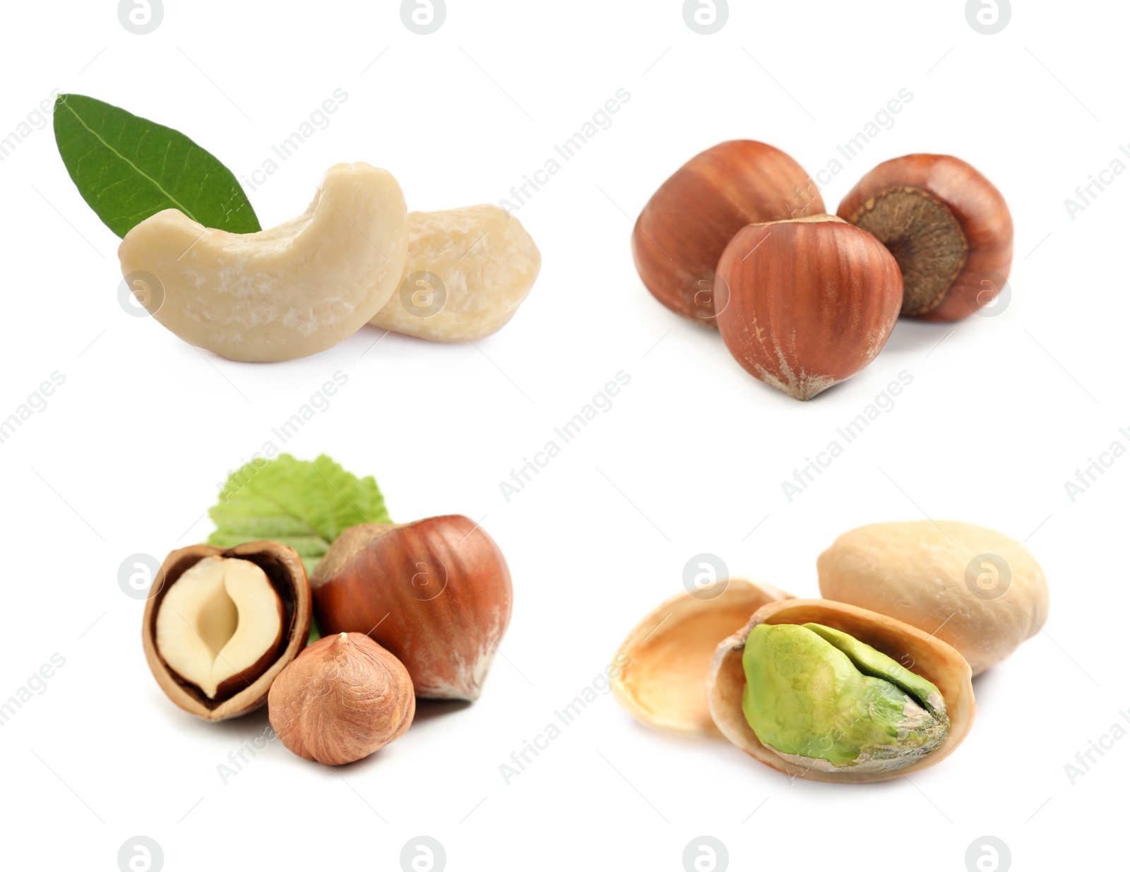 Image of Tasty pistachio nuts, hazelnuts and cashews isolated on white, set