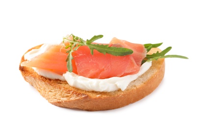 Tasty bruschetta with salmon and arugula on white background