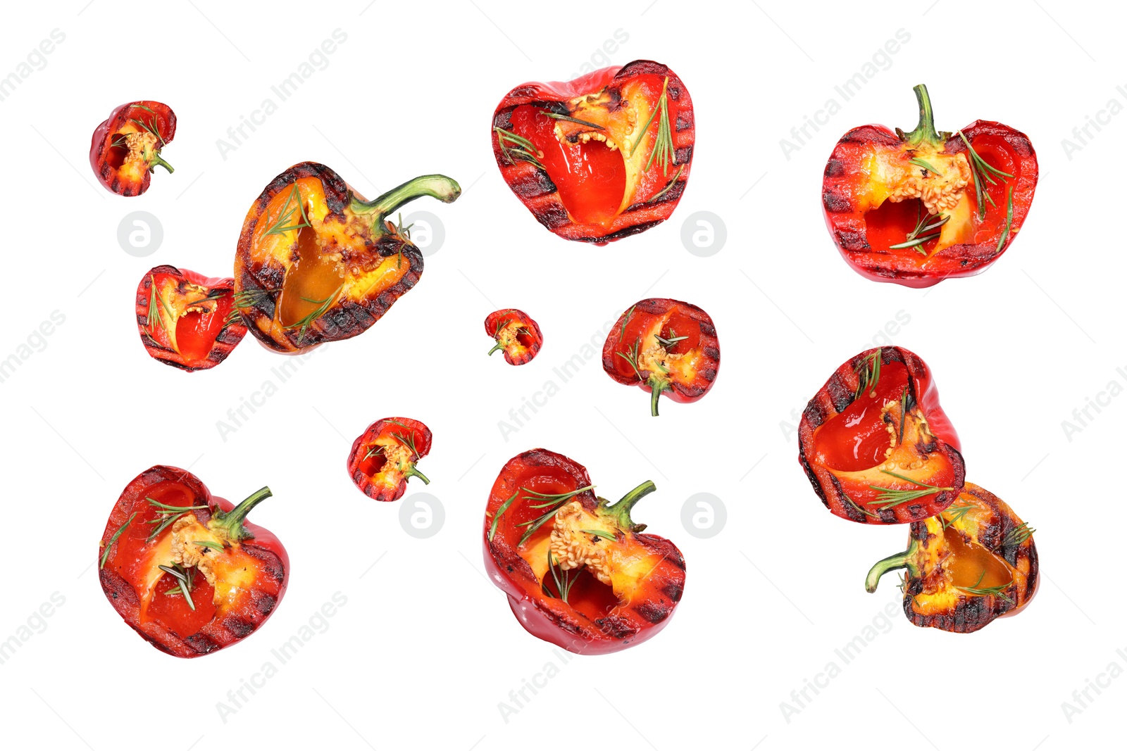 Image of Slices of grilled bell peppers in air on white background