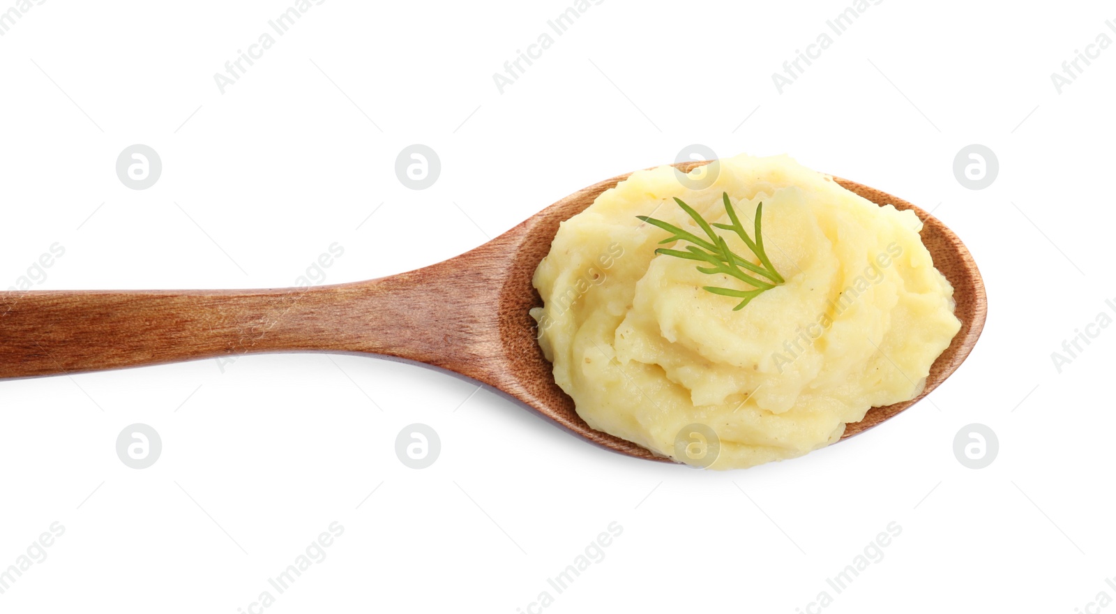 Photo of Wooden spoon of tasty mashed potatoes with dill isolated on white, top view