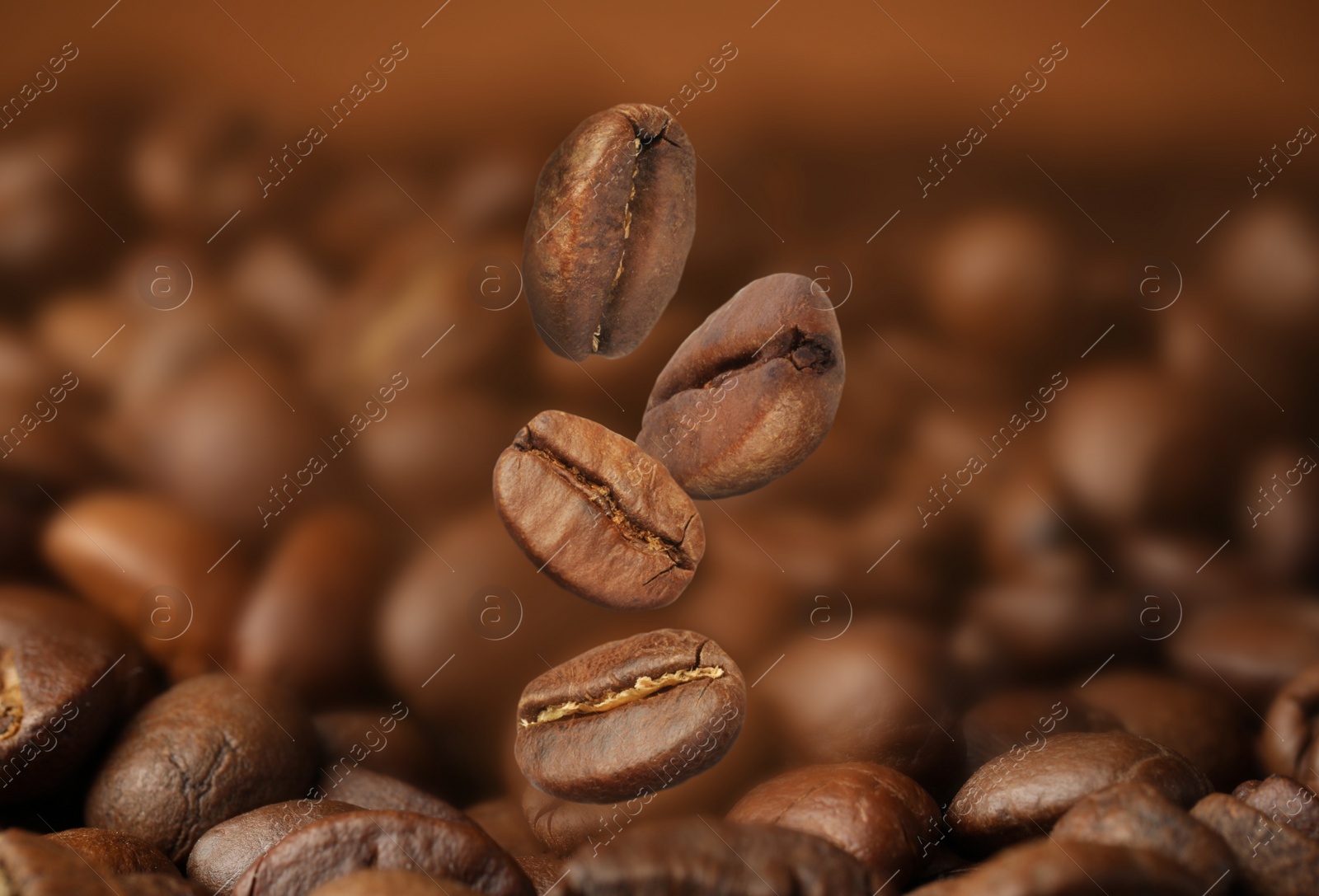 Image of Falling aromatic roasted coffee beans, closeup view