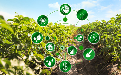 Image of Modern agriculture concept. Icons and field on background