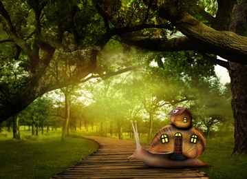 Image of Fantasy world. Magic snail with its shell house moving in beautiful forest