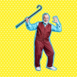 Image of Pop art poster. Emotional senior man with walking cane on yellow polka dot background