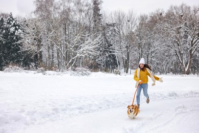 Woman with adorable Pembroke Welsh Corgi dog running in snowy park, space for text