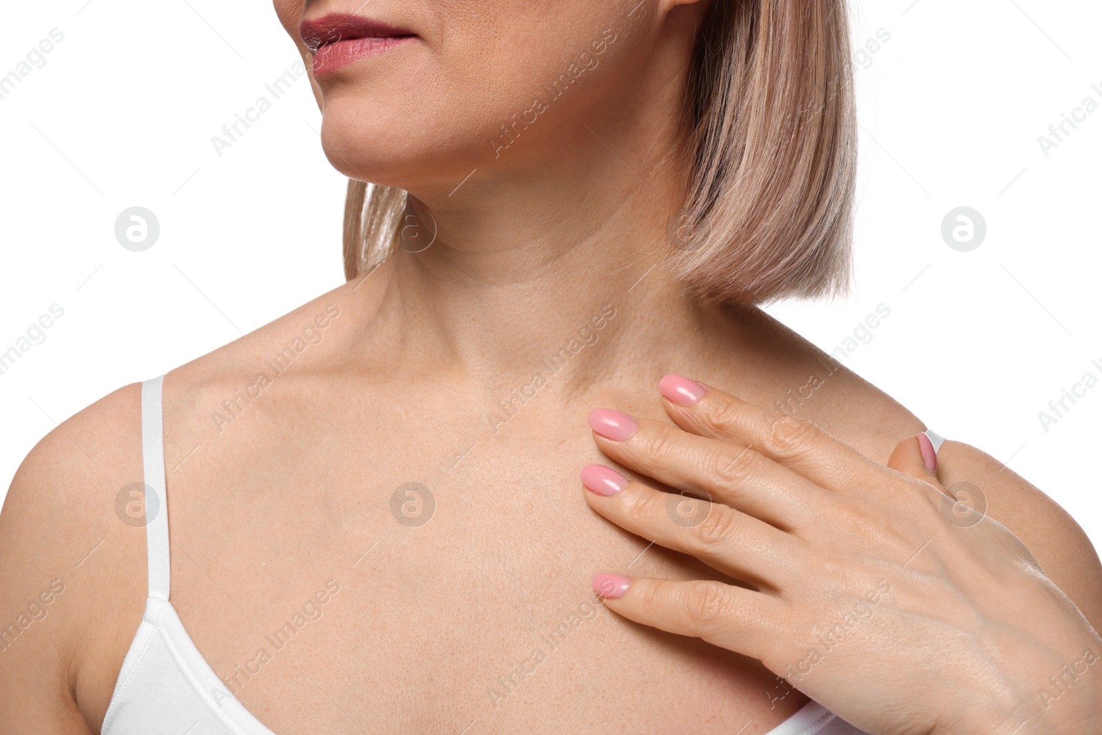 Photo of Woman with healthy skin on white background, closeup