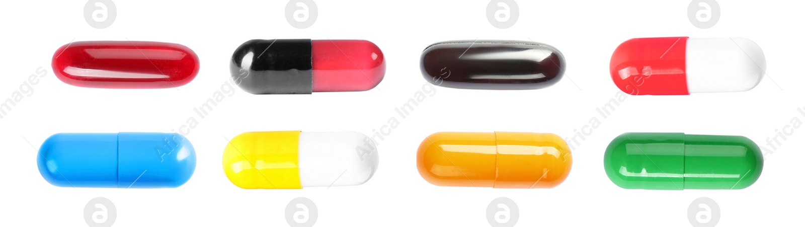 Image of Set with colorful pills on white background, top view. Banner design