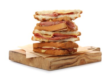 Photo of Stack of tasty sandwiches with ham and melted cheese isolated on white