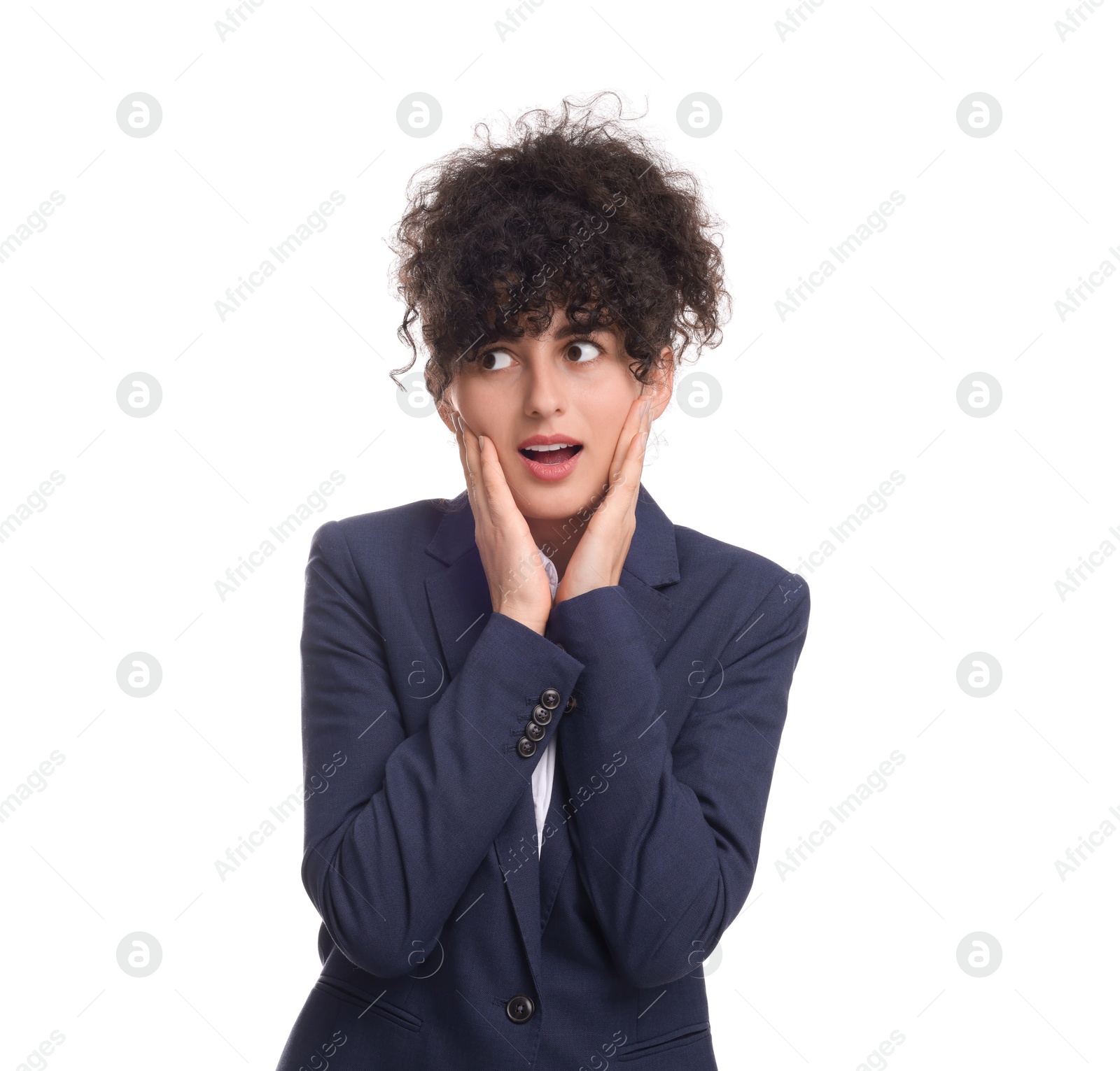 Photo of Beautiful emotional businesswoman in suit on white background