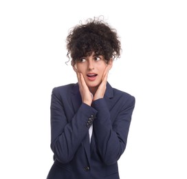 Beautiful emotional businesswoman in suit on white background