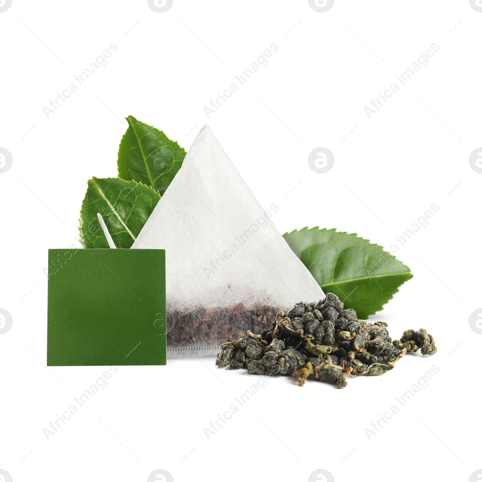 Image of Tea bag with leaves on white background