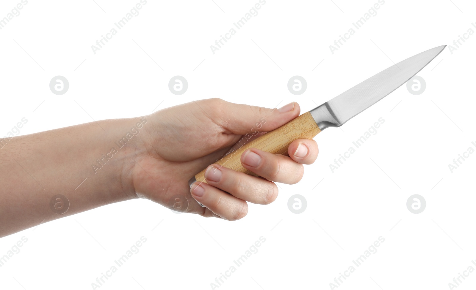 Photo of Woman holding knife on white background, closeup