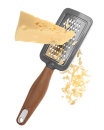 Image of Grating cheese with hand grater in air on white background