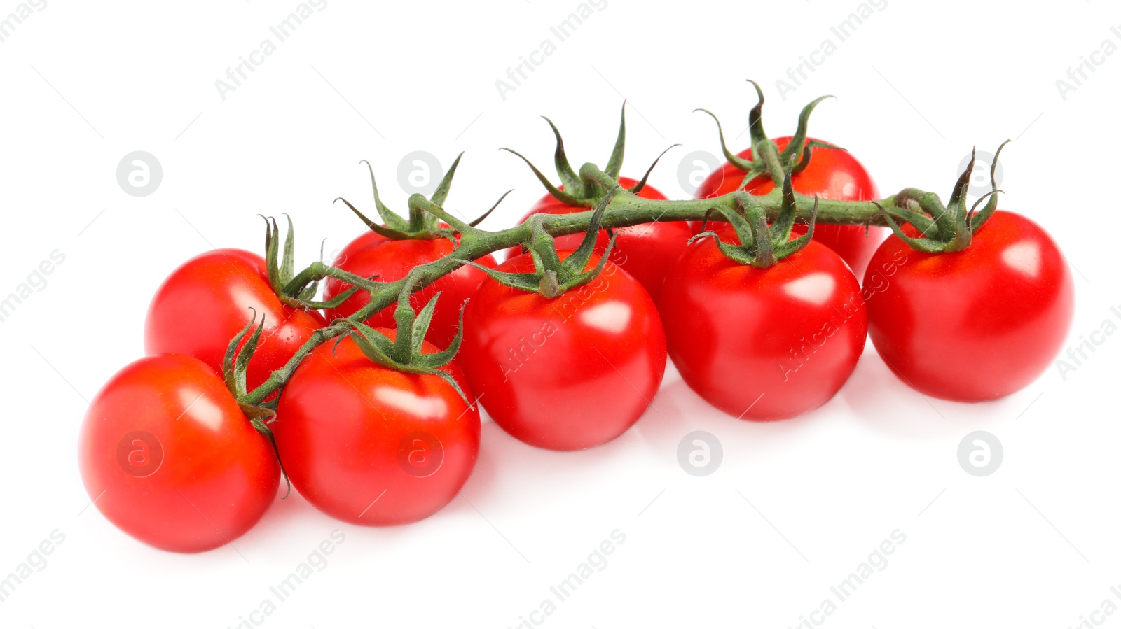 Photo of Branch of fresh cherry tomatoes isolated on white