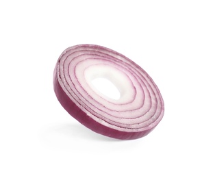 Photo of Fresh slice of red onion on white background