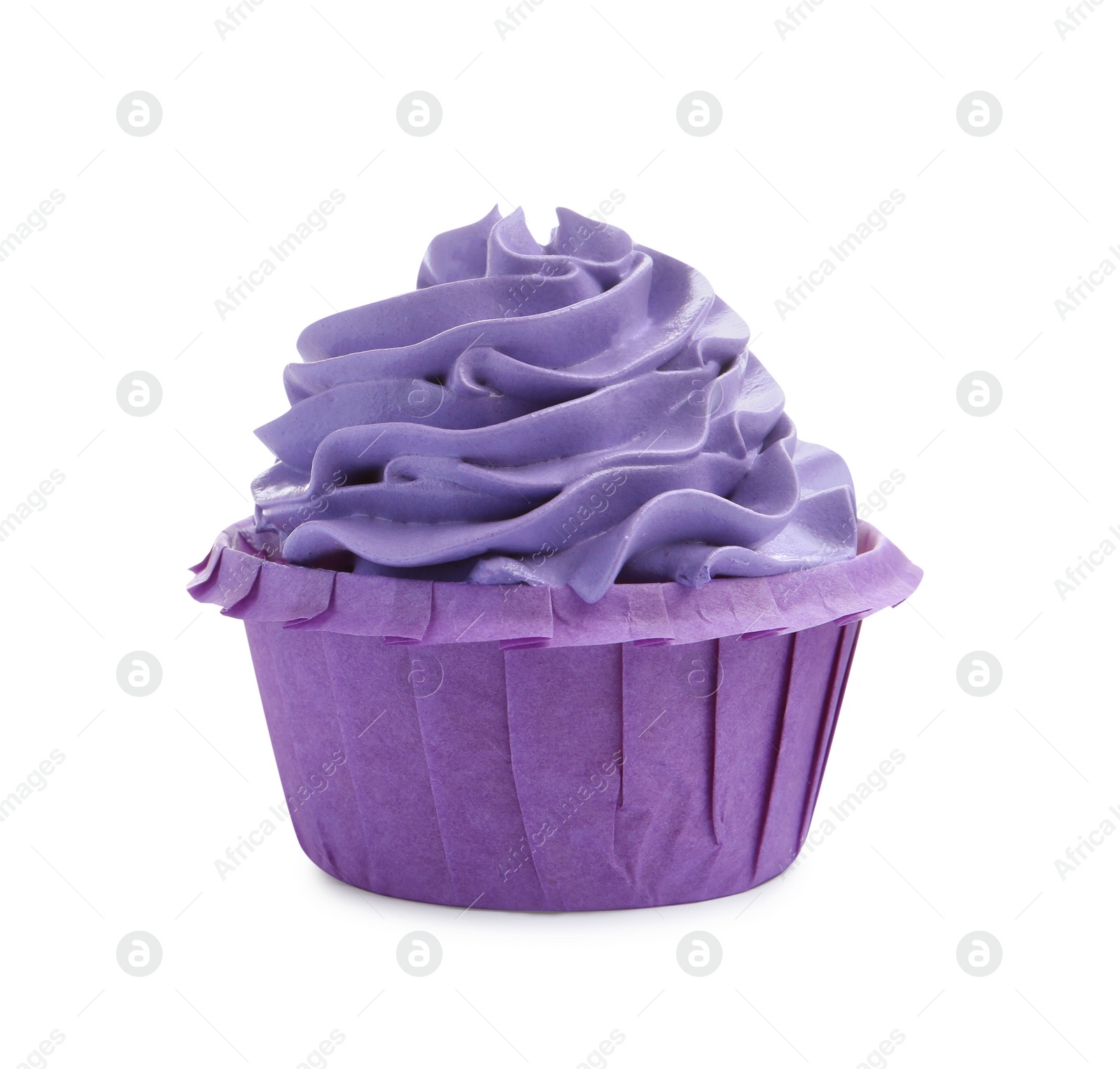 Photo of Tasty cupcake with purple cream isolated on white