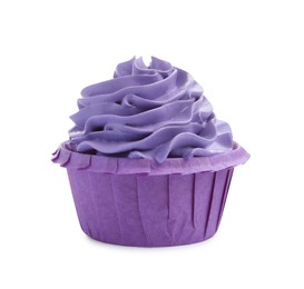 Photo of Tasty cupcake with purple cream isolated on white