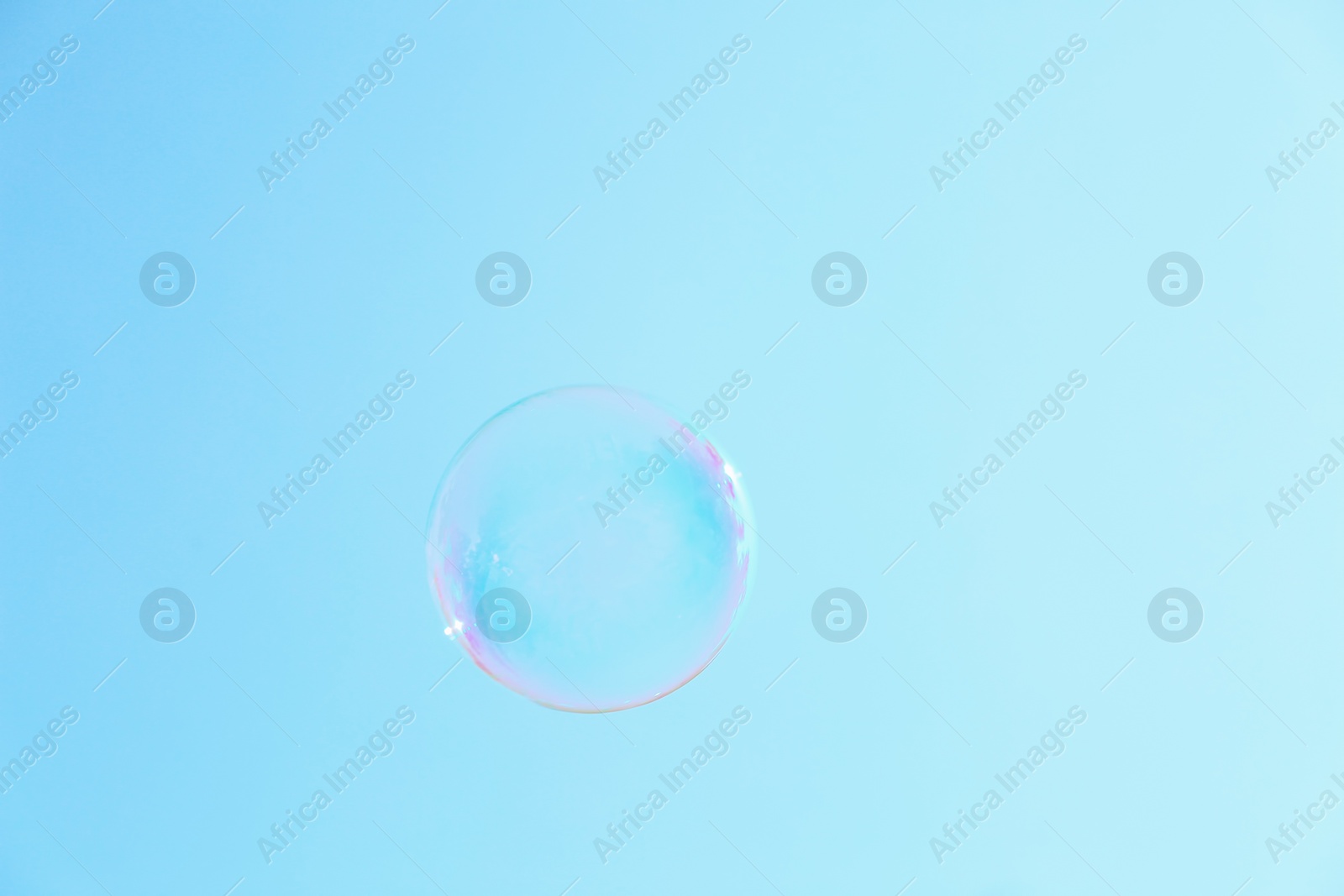 Photo of Beautiful translucent soap bubble outdoors on sunny day. Space for text