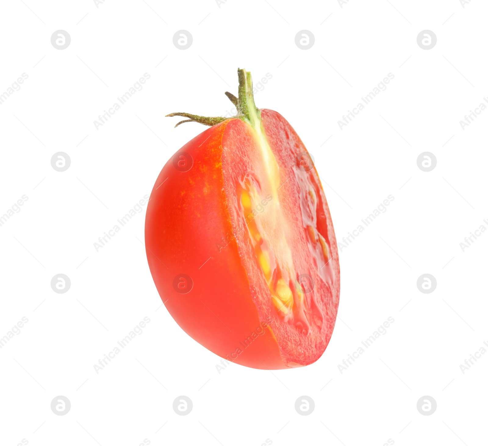 Photo of Half of ripe cherry tomato isolated on white