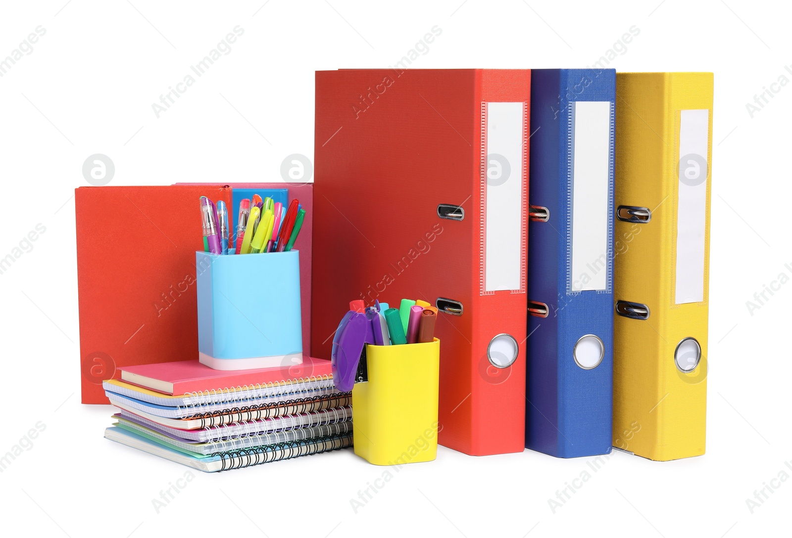 Photo of Bright office folders and different stationery isolated on white