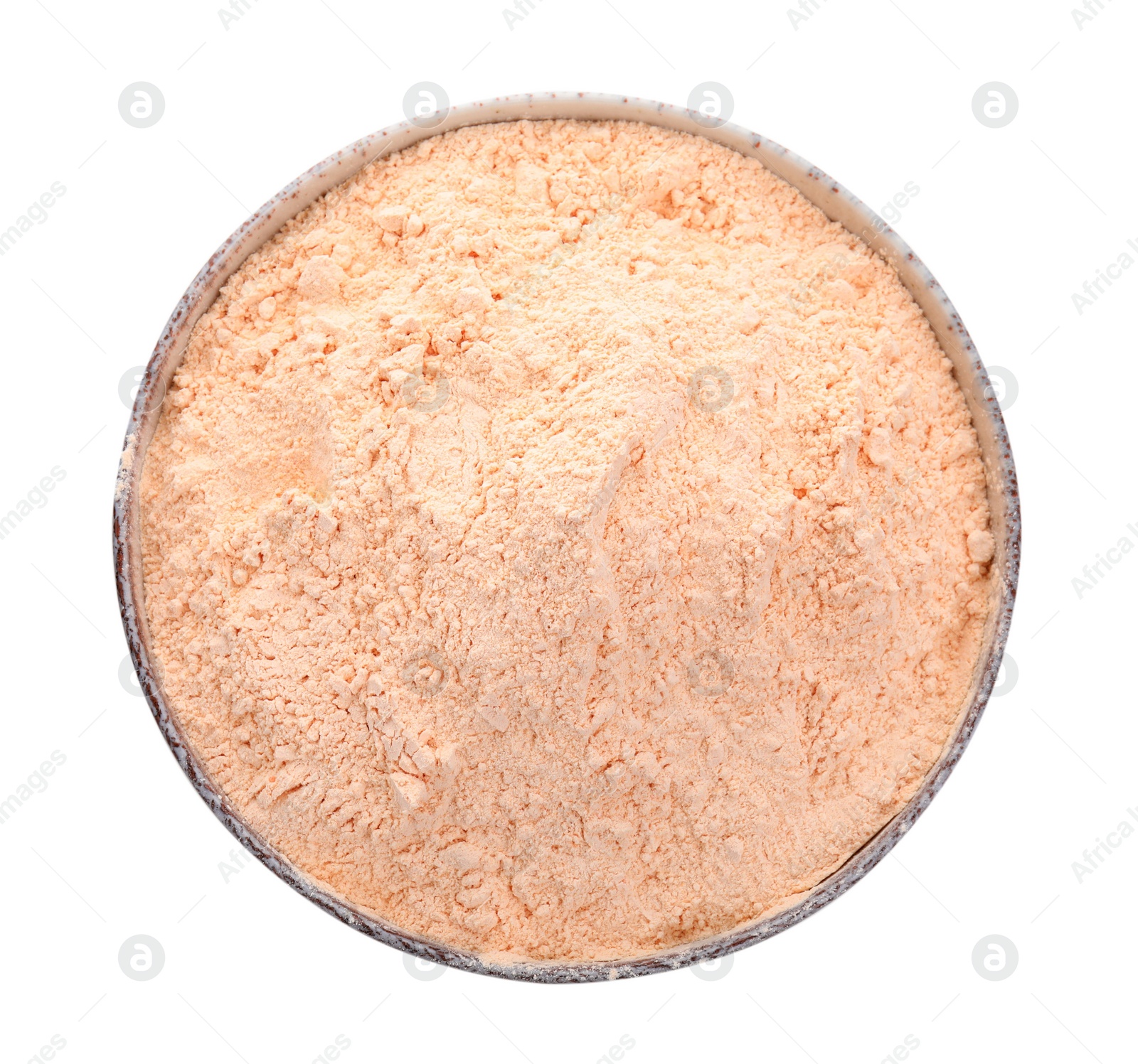 Photo of Lentil flour in bowl isolated on white, top view