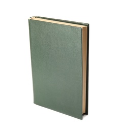 Photo of Book with blank green cover on white background