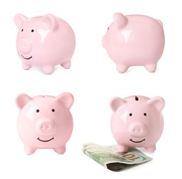 Image of Set with piggy banks on white background