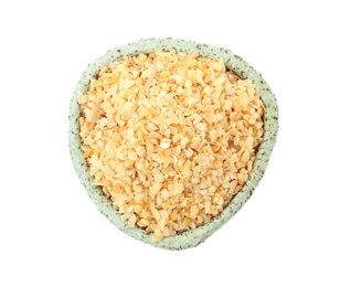 Photo of Bowl of granulated dry garlic on white background, top view