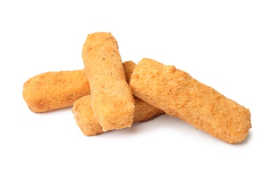 Tasty crispy cheese sticks on white background