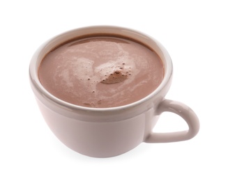 Delicious cocoa drink in cup on white background