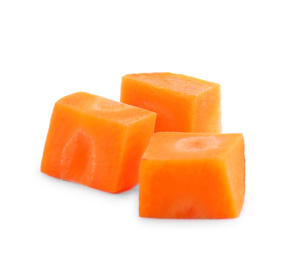 Photo of Pieces of fresh ripe carrot isolated on white