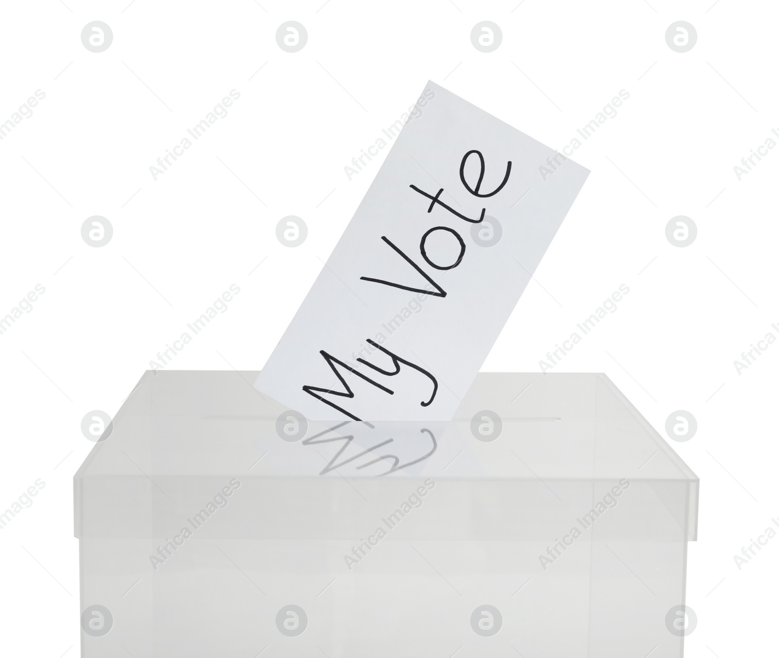 Photo of Ballot box with vote on white background. Election time