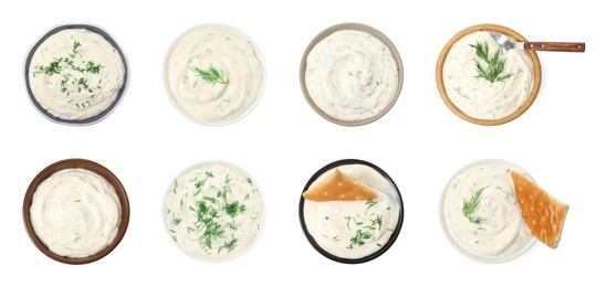 Image of Set with tasty creamy dill sauce on white background, top view. Banner design