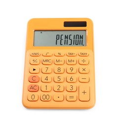 Photo of Orange calculator isolated on white. Office stationery