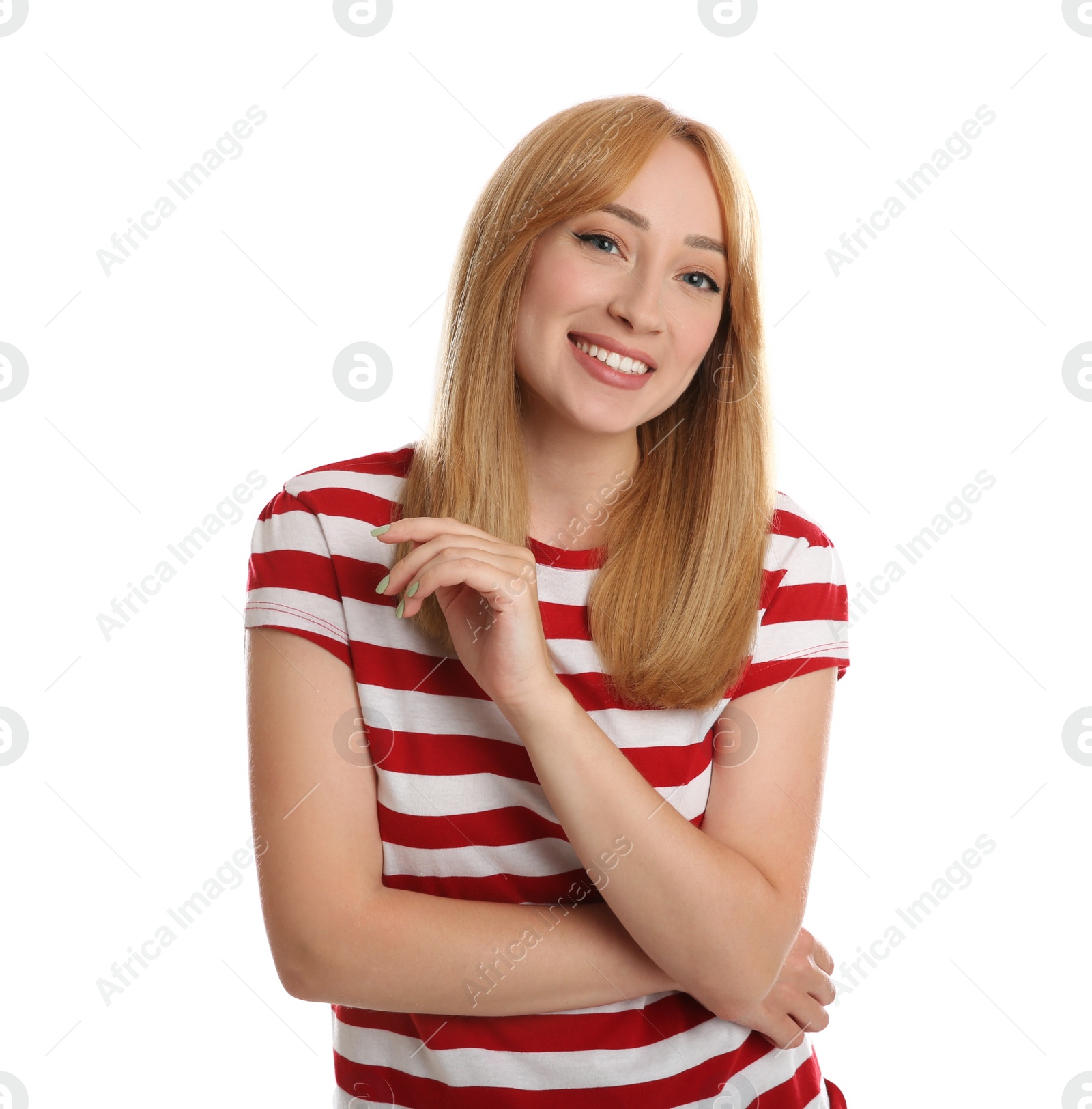 Photo of Portrait of beautiful young woman with blonde hair on white background