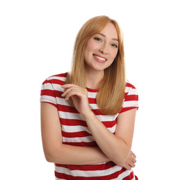 Photo of Portrait of beautiful young woman with blonde hair on white background