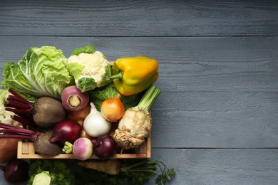 Different fresh vegetables in crate on wooden table, top view with space for text. Farmer harvesting