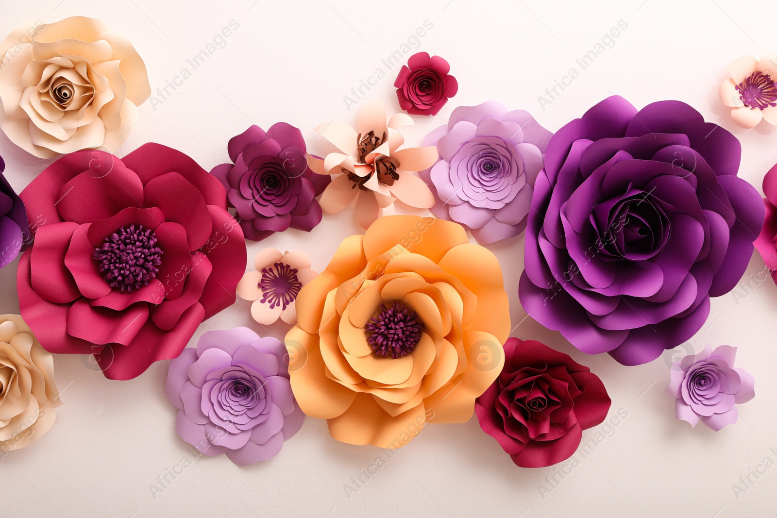 Photo of Beautiful paper flowers on white wall. Interior element