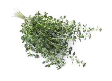 Photo of Bunch of aromatic thyme isolated on white. Fresh herb