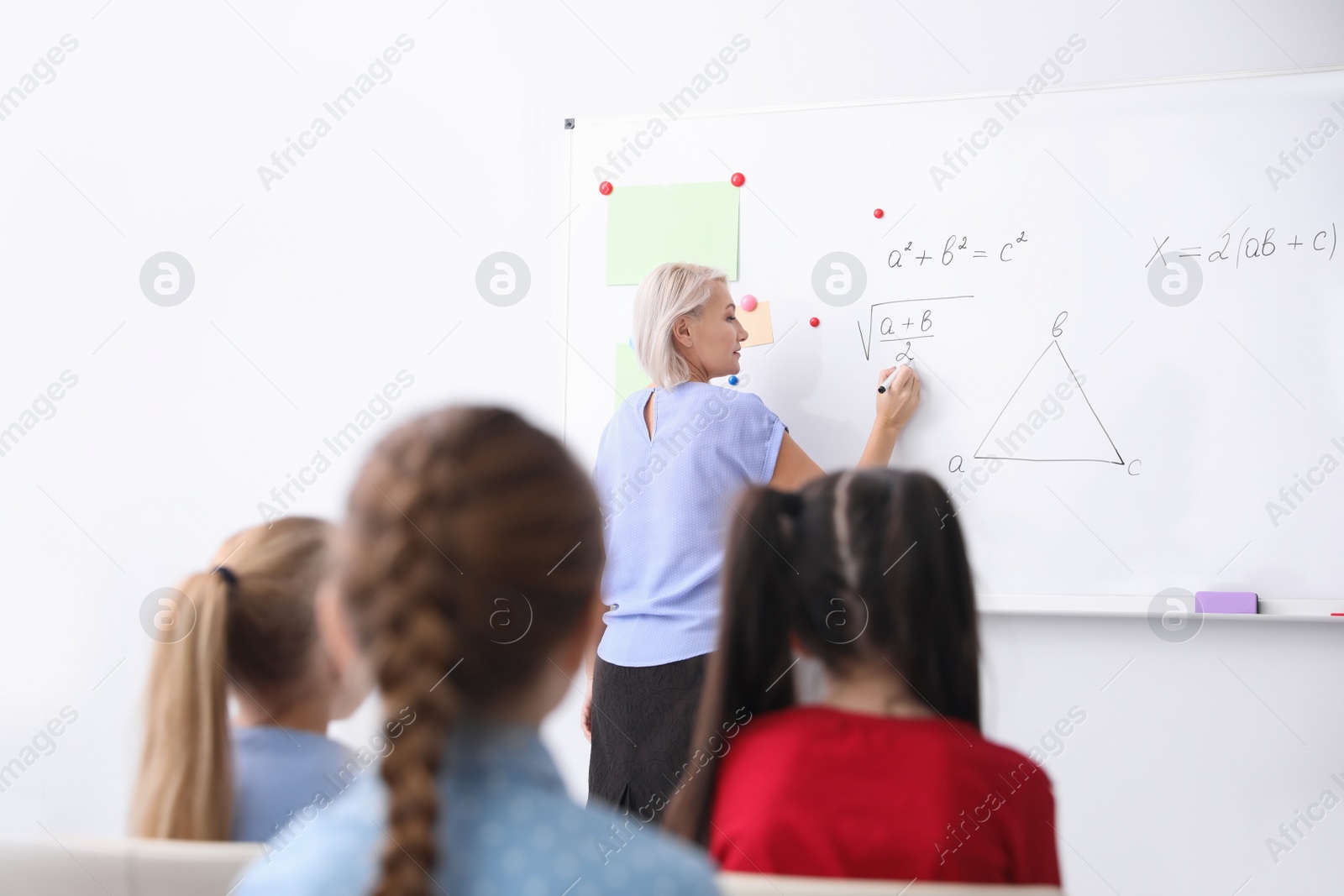 Photo of Mature teacher and students in modern classroom