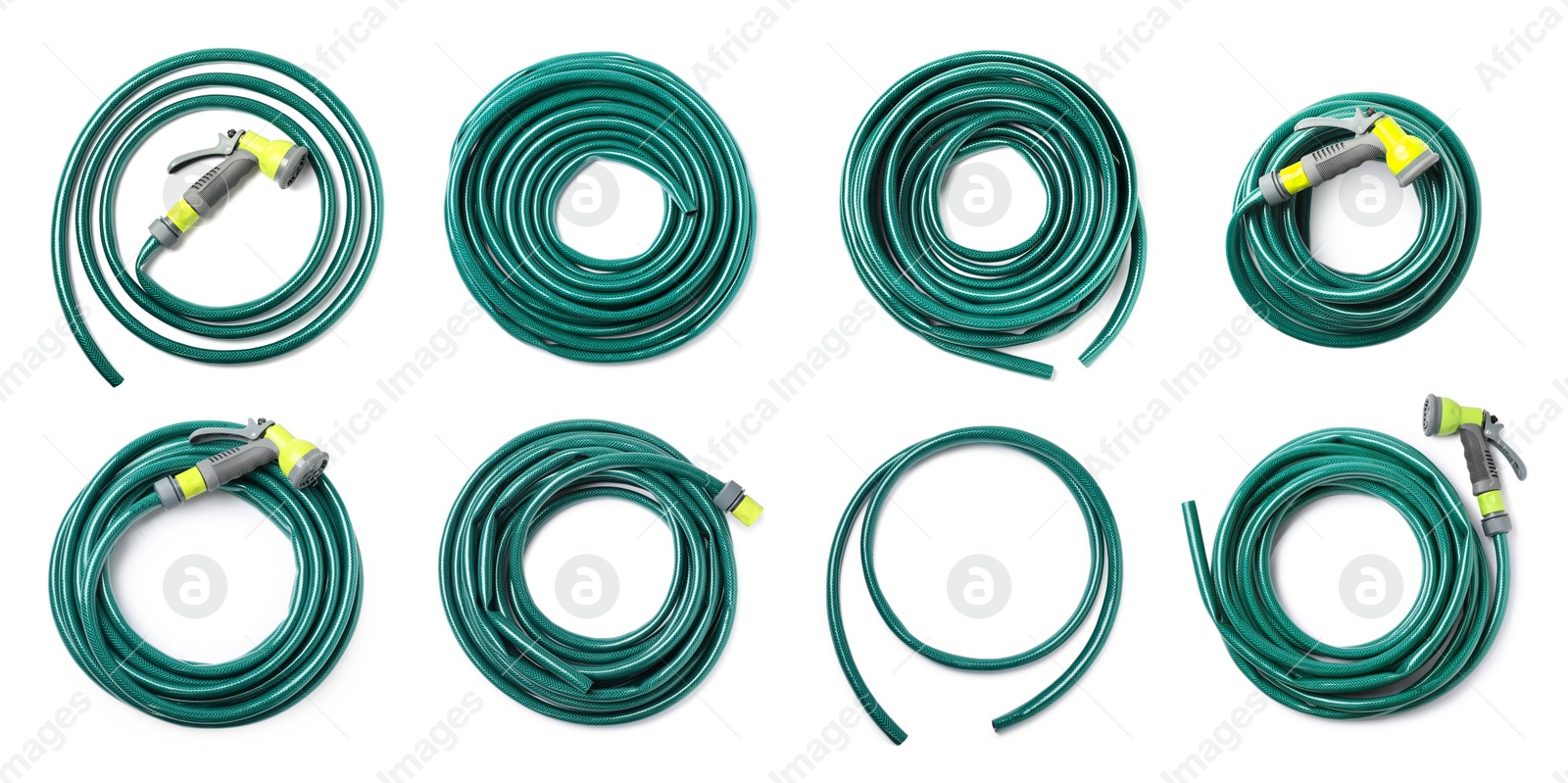 Image of Set with green rubber watering hoses on white background, top view. Banner design