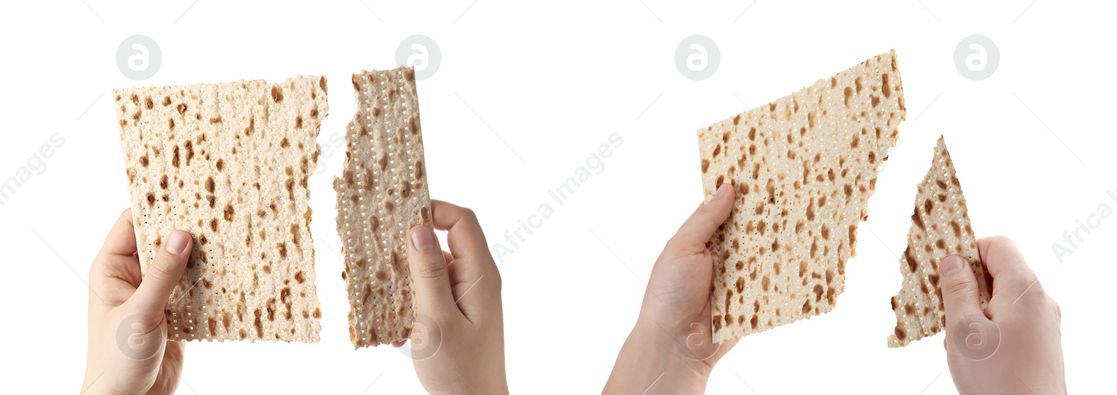 Image of Collage with photos of women holding matzos on white background, closeup. Pesach (Passover) celebration