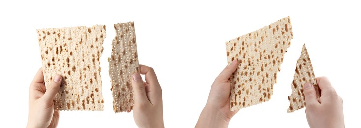 Image of Collage with photos of women holding matzos on white background, closeup. Pesach (Passover) celebration