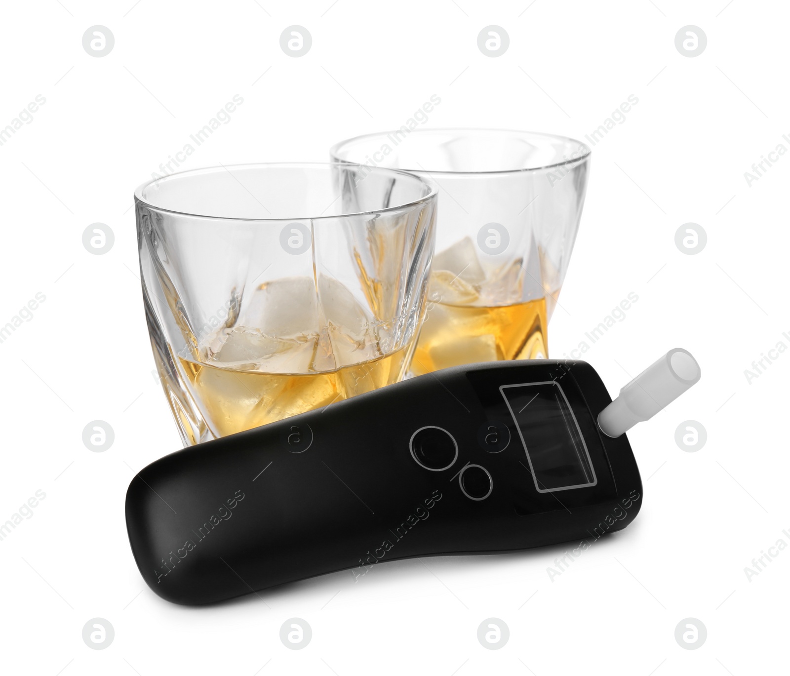 Photo of Modern breathalyzer and alcohol on white background