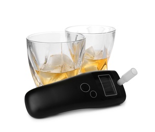 Modern breathalyzer and alcohol on white background