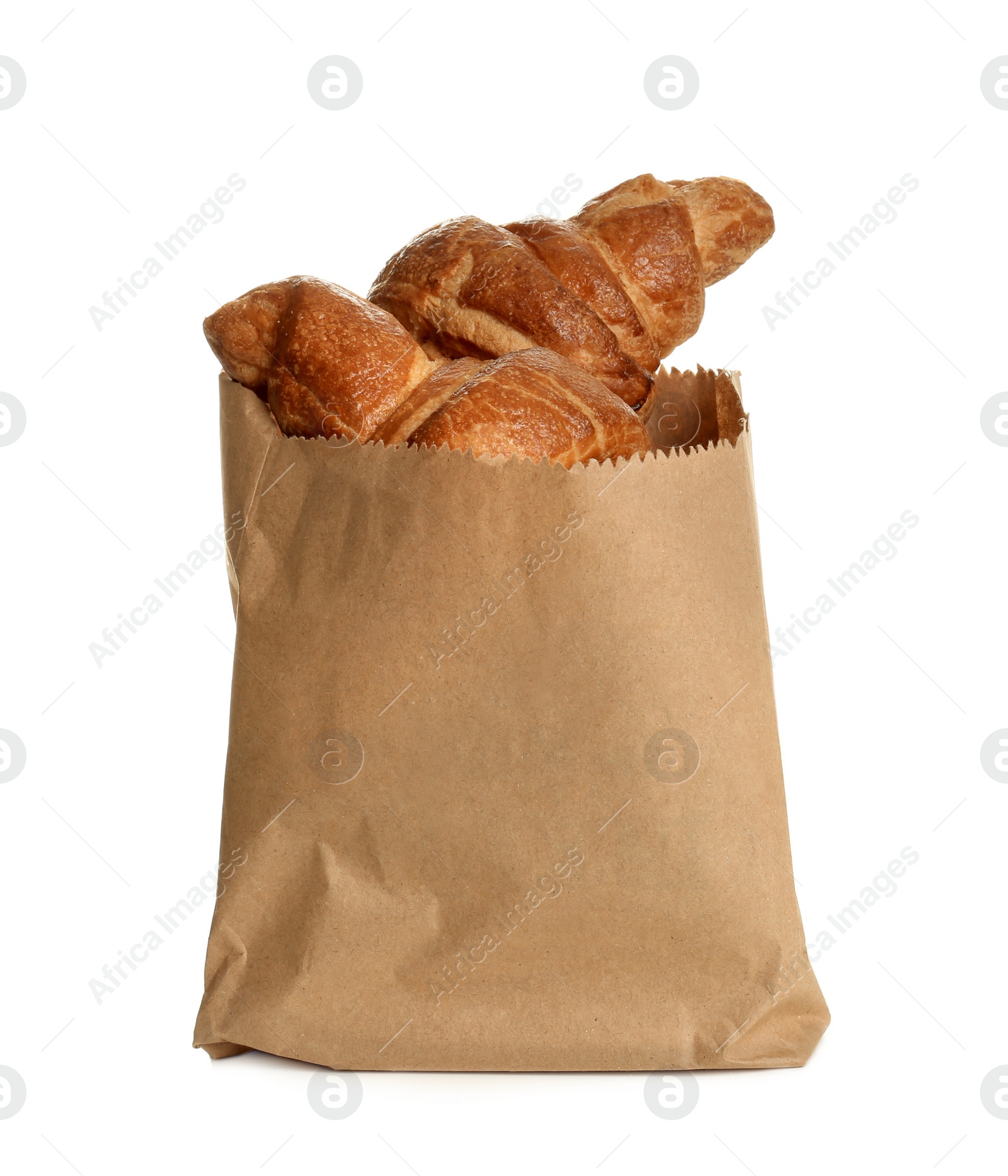 Photo of Paper bag with croissants on white background. Space for design