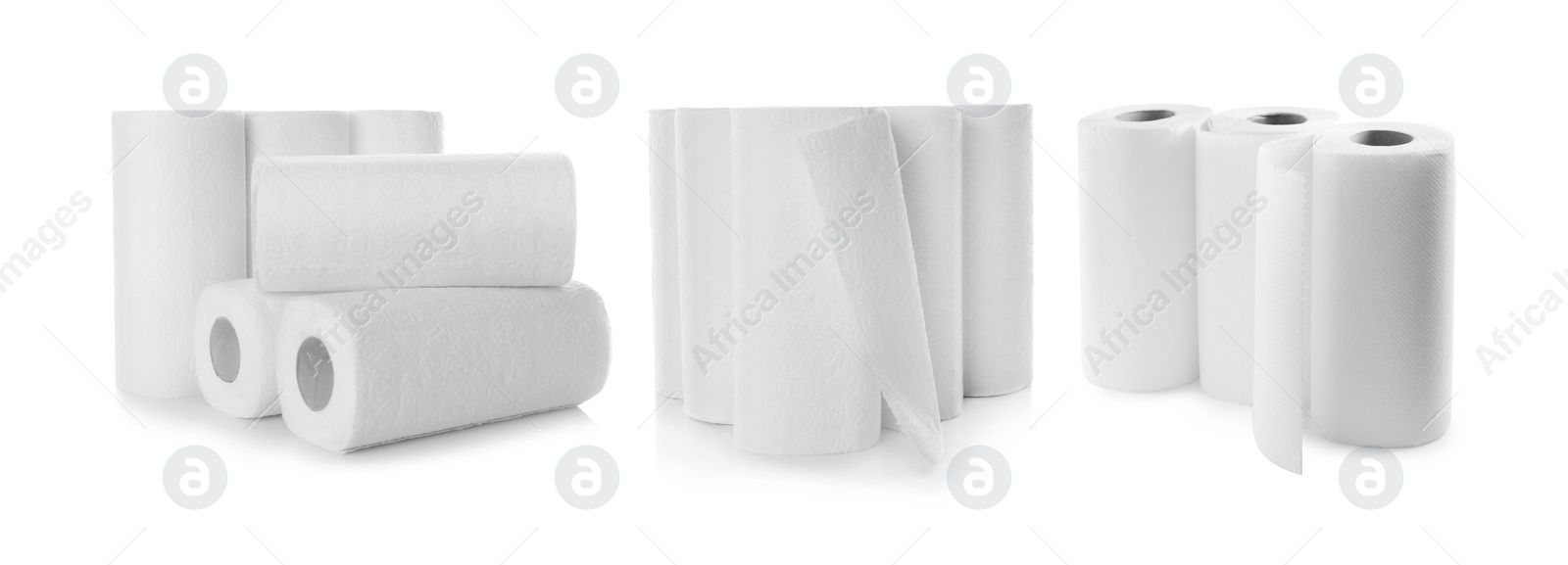 Image of Set of paper towels on white background. Banner design