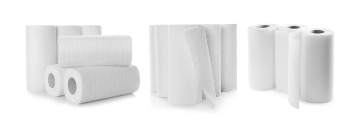 Image of Set of paper towels on white background. Banner design